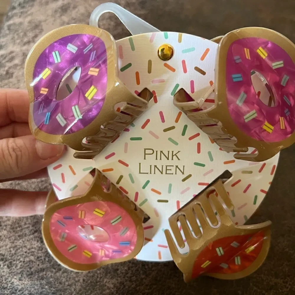 Pink Linen Sprinkled Donut Hair Clips 4 Pack